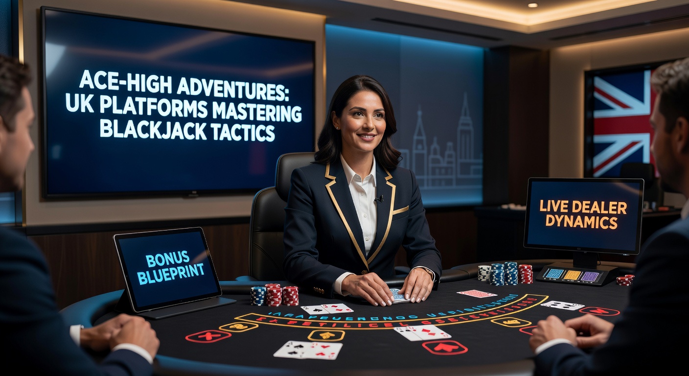 Live dealer at a blackjack table streaming from a UK studio, cards dealt under bright lights with chat bubbles and player bets visible