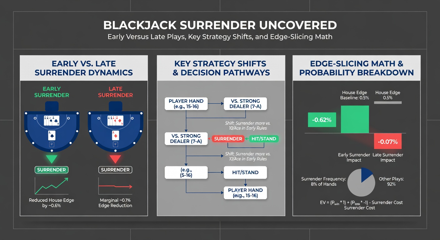 Close-up chart comparing surrender strategy deviations for early versus late rules, showing player decisions against various dealer upcards