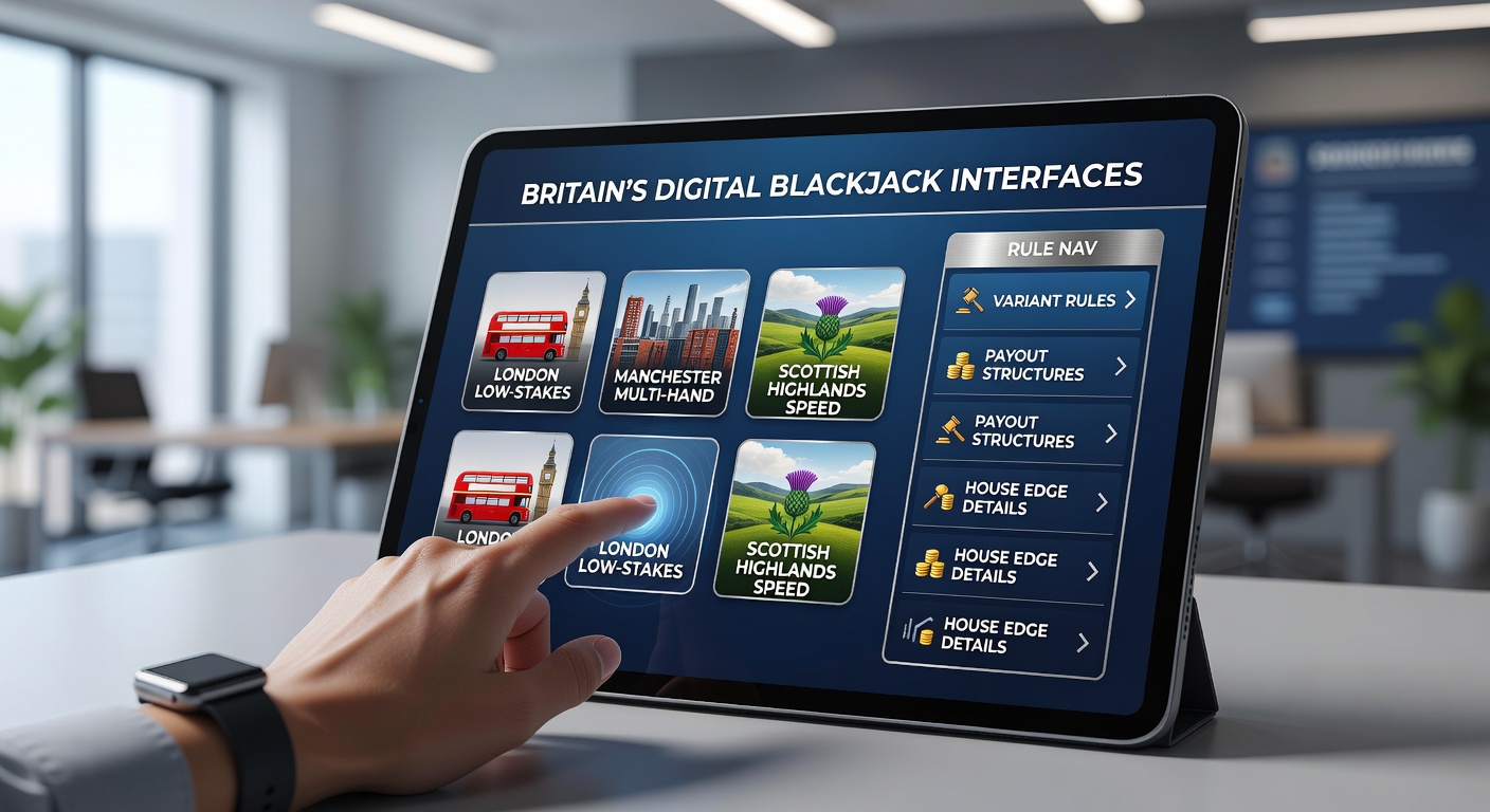 Close-up of touchscreen blackjack rules panel with navigation elements