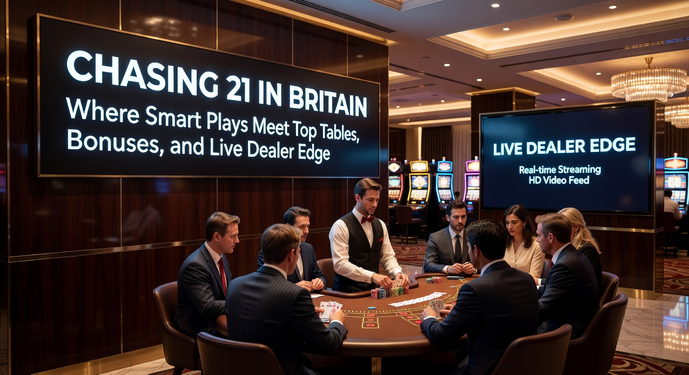 Vibrant blackjack table with cards and chips under casino lights, capturing the thrill of chasing 21 in a British online setting