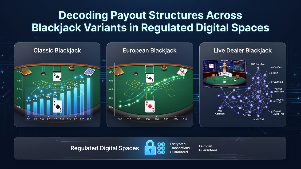 Digital blackjack table interface showing multiple variant options and payout displays in a regulated online casino environment