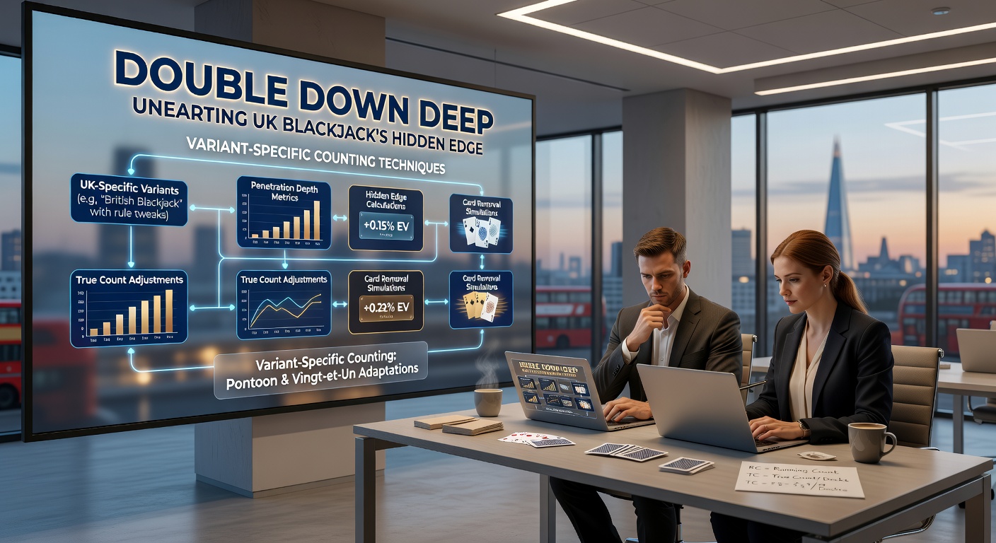 Close-up of a professional player at a UK live blackjack table using subtle counting signals amid variant rule displays