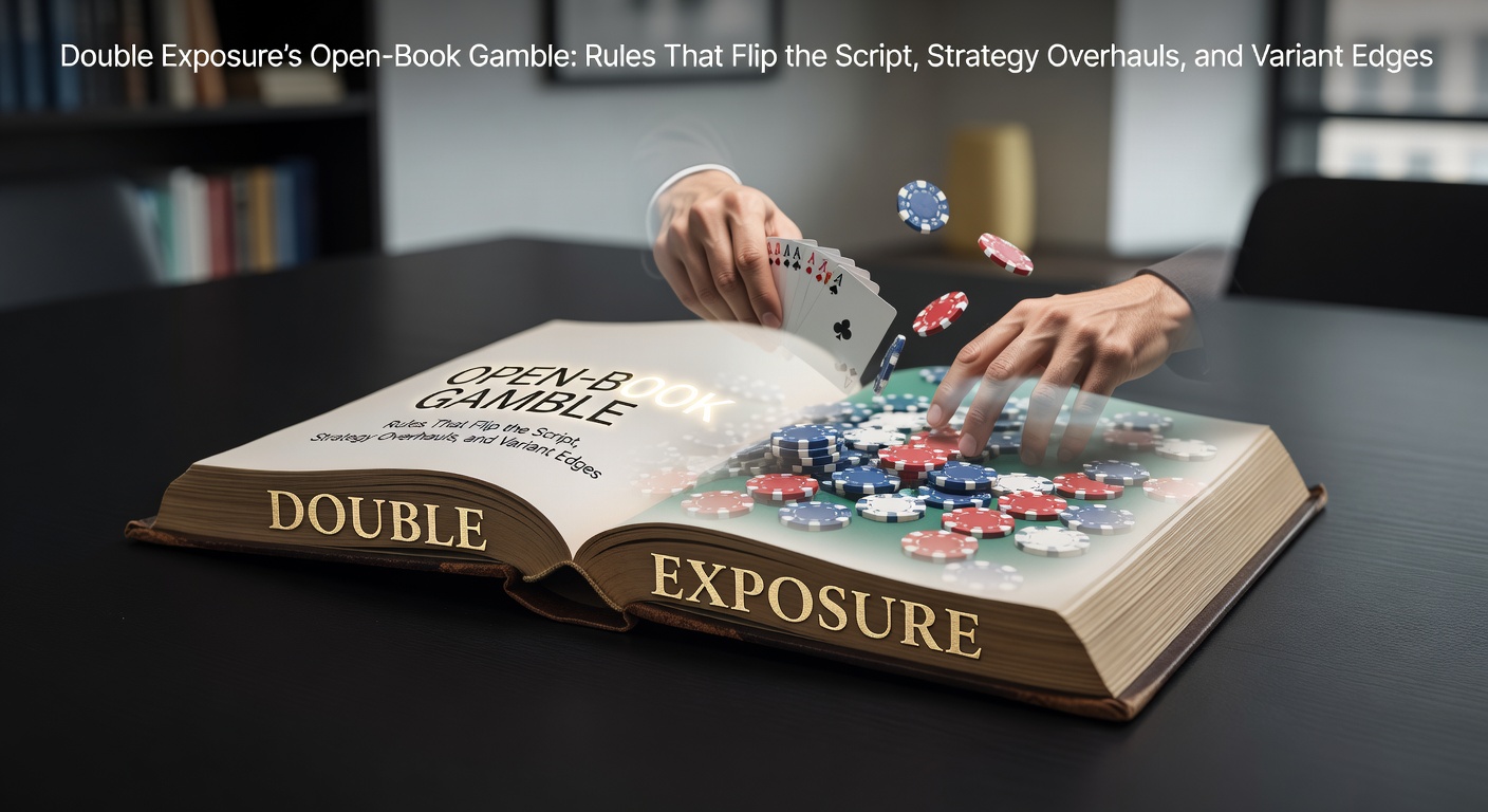 A vibrant casino table showing Double Exposure Blackjack cards fully revealed, dealer hands exposed upfront in a lively game setting