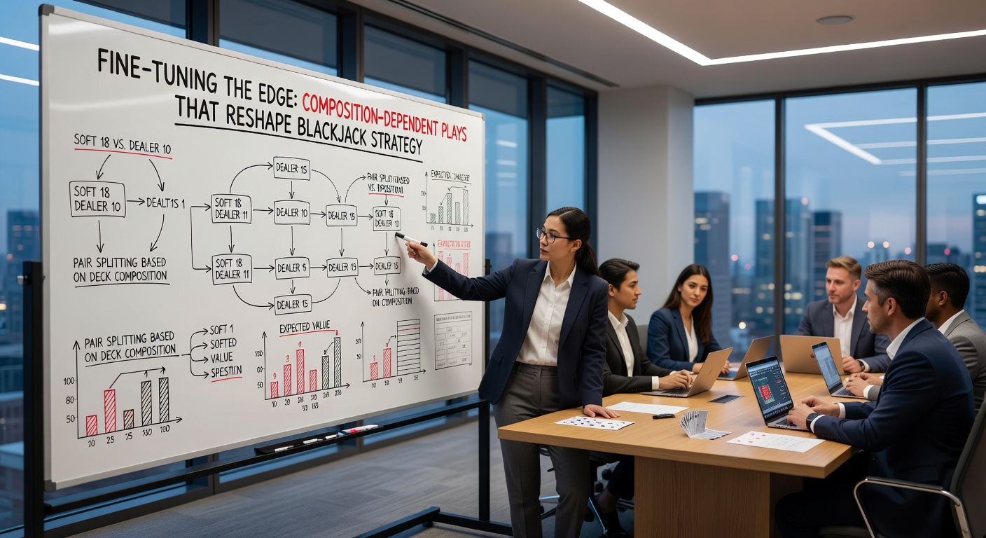 Detailed blackjack strategy chart comparing total-dependent and composition-dependent decisions for hands like 16 vs 10, with EV calculations overlaid