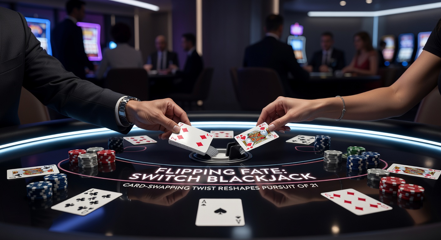 Close-up of Switch Blackjack interface on a digital screen, highlighting swap button and dual hand displays during live play