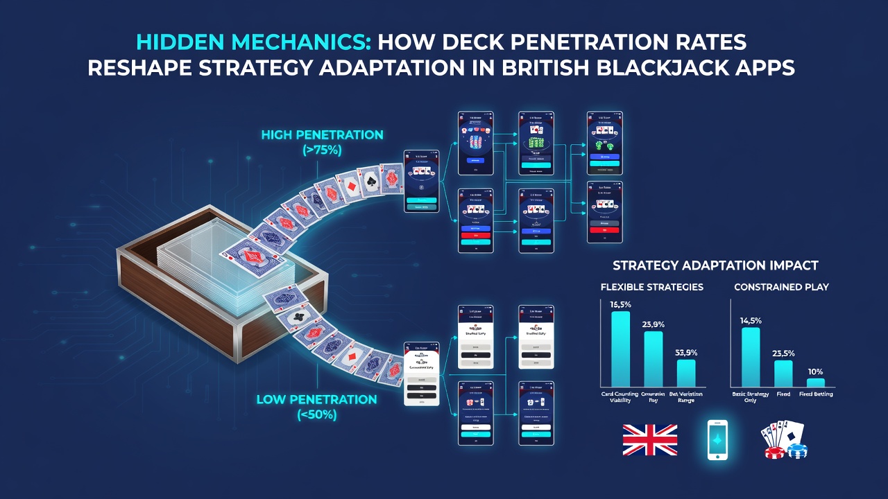 Mobile blackjack table with deck penetration gauge and strategy adjustment prompts visible during gameplay
