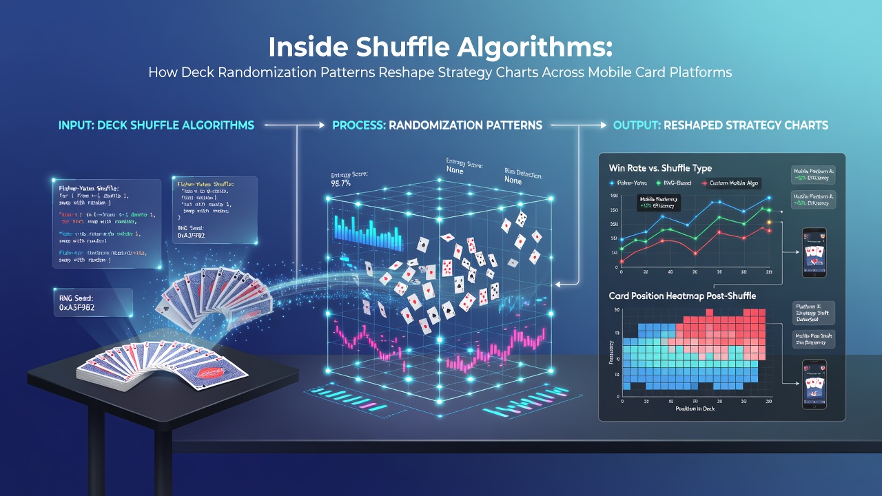Visual representation of shuffle algorithms and deck randomization patterns in mobile card platforms