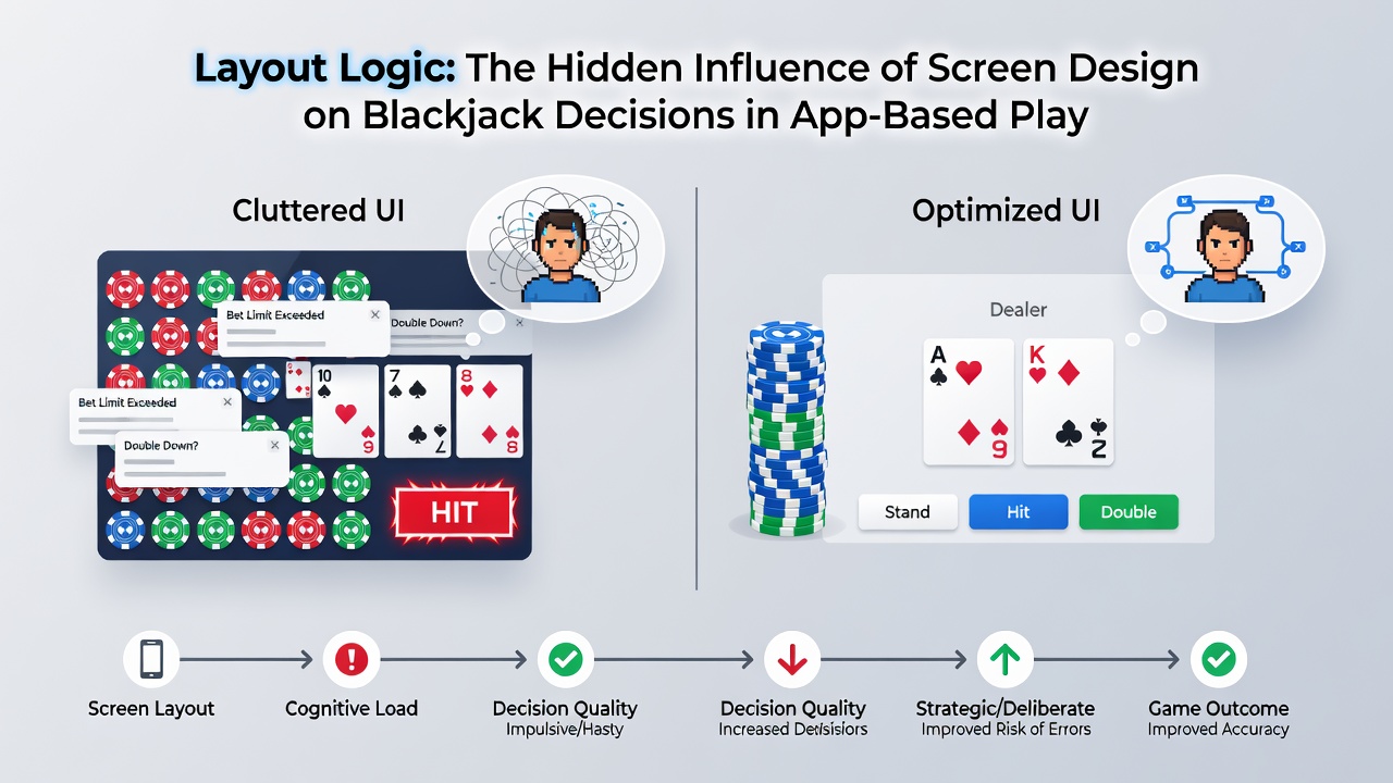 Close-up view of blackjack app decision buttons and card display layout