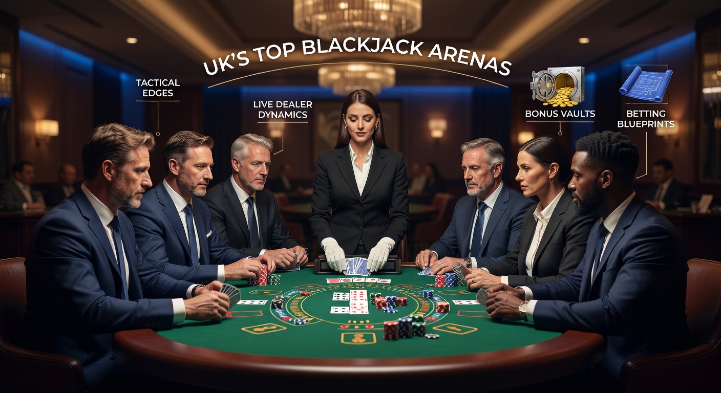A close-up view of a blackjack table in a bustling UK casino, chips stacked neatly beside dealt cards under soft green felt lighting