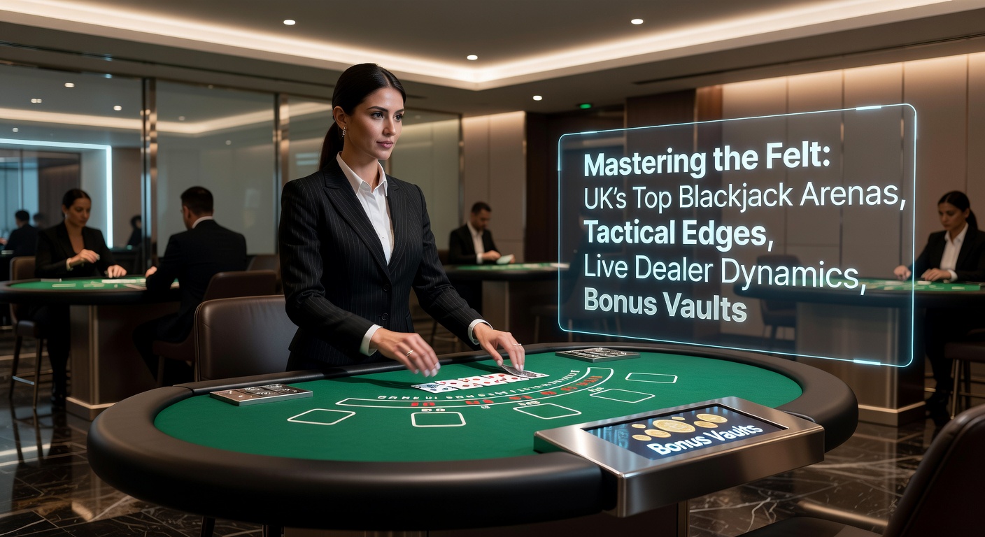 Live dealer at a UK-facing blackjack table, dealing cards with focused intensity as digital bet interfaces glow on surrounding screens