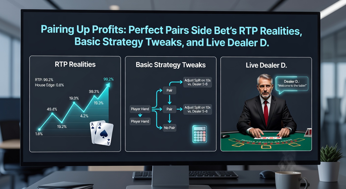 Strategy chart overlay on a blackjack hand with Perfect Pairs side bet active, showing adjusted decisions for hit, stand, double, or split in multi-deck games