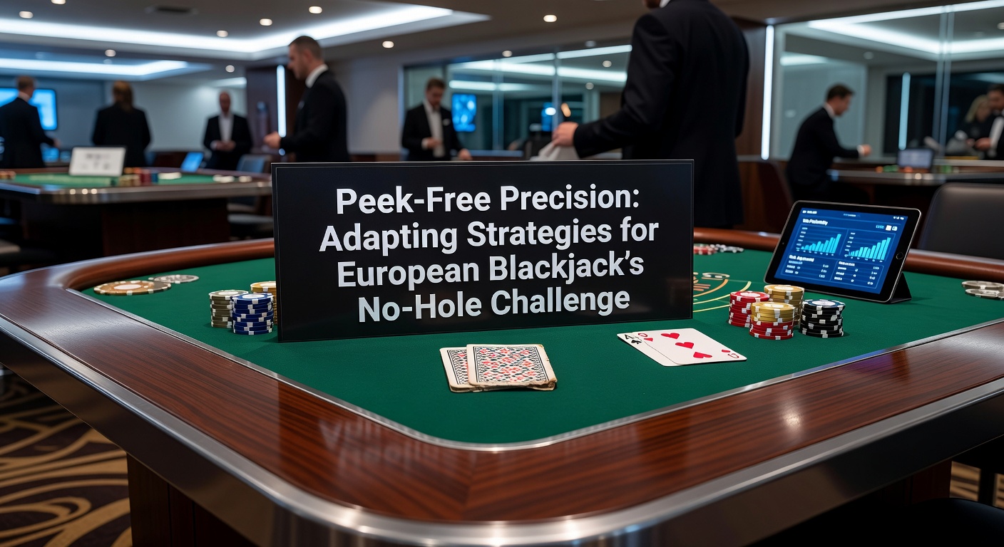 European blackjack table with dealer showing upcard, no hole card visible, highlighting strategic decisions