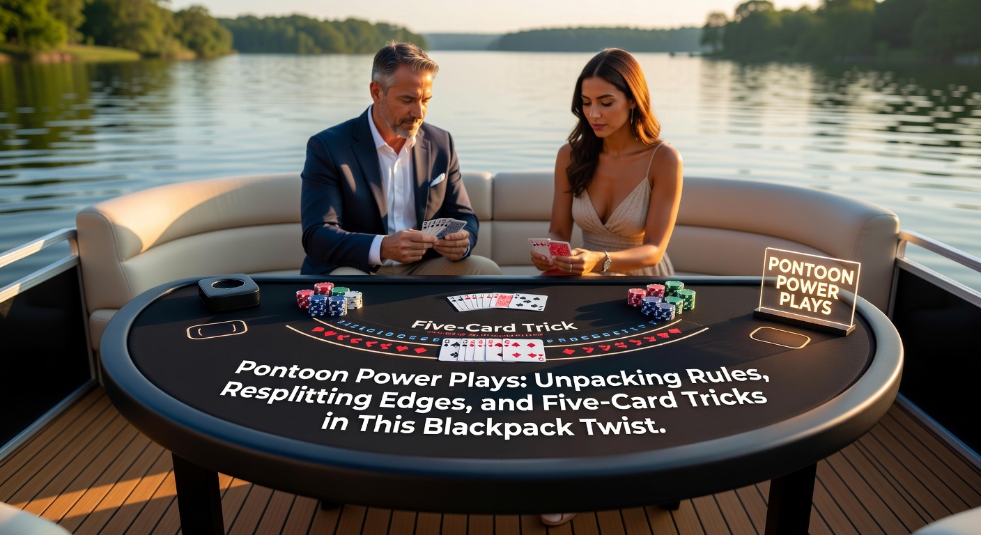 Vibrant Pontoon table setup displaying player hands including a resplit pair of eights and a dealer upcard of six, highlighting key strategic moments in the game