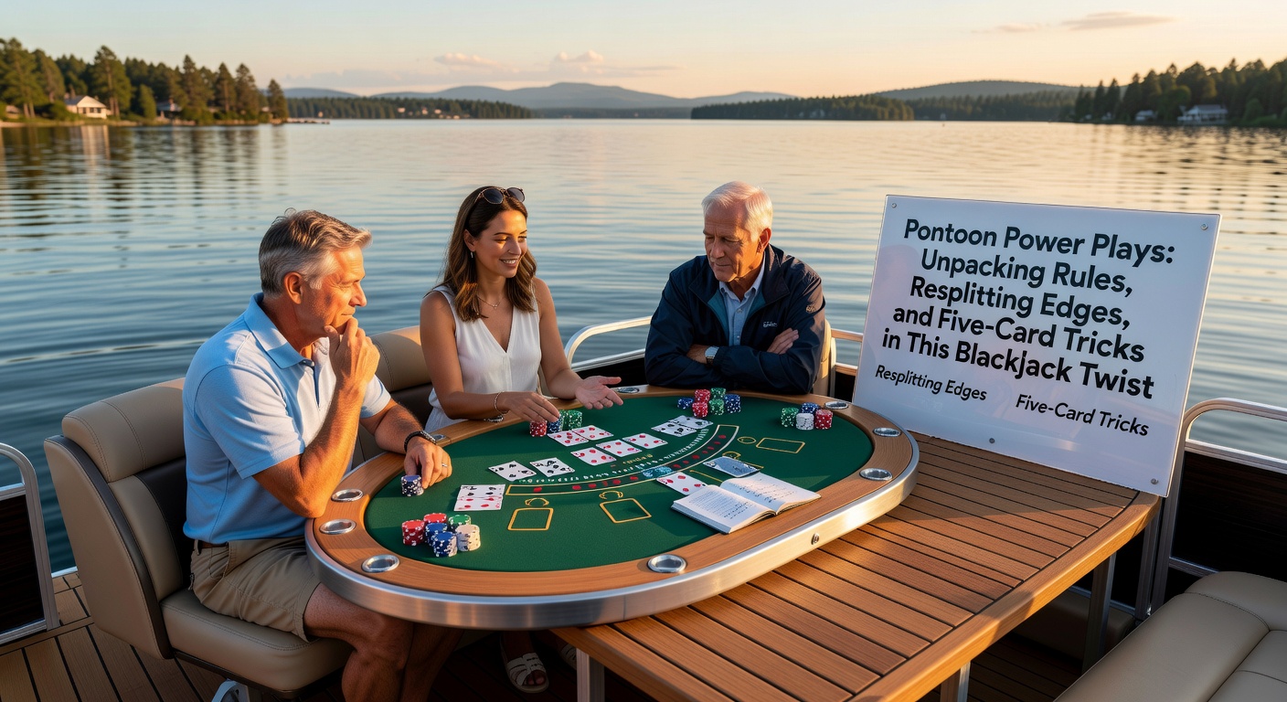 Close-up of a successful five-card trick hand in Pontoon, showing player cards totaling 20 against a dealer pontoon, with chips stacked for the 2:1 payout