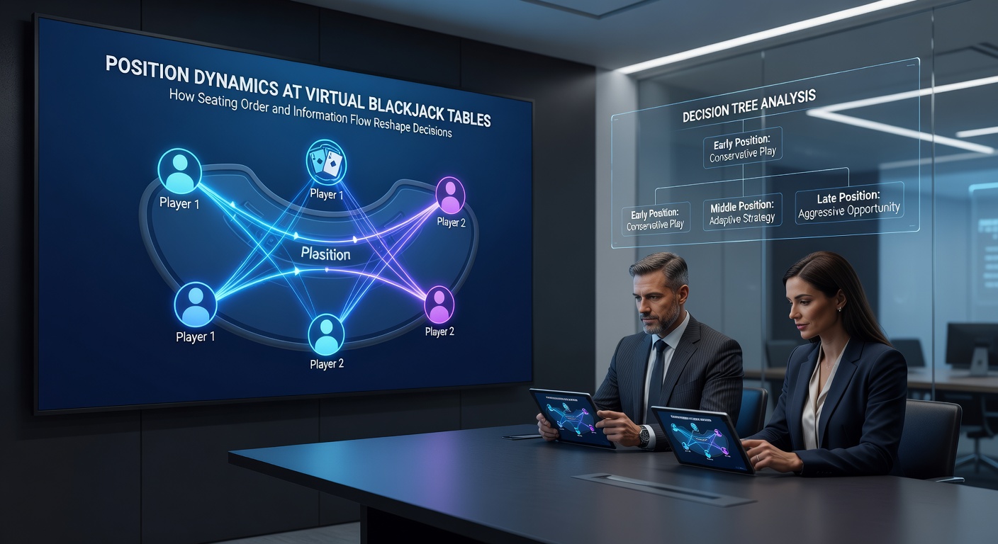 Diagram illustrating information flow and decision tree branches at different seating positions in virtual blackjack