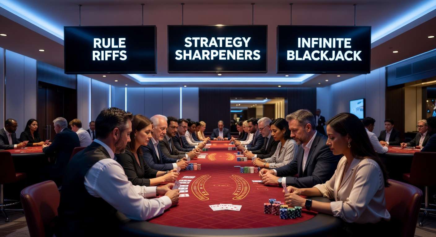 Vibrant live dealer Infinite Blackjack table buzzing with virtual players from around the world, cards flying across digital felts under bright studio lights