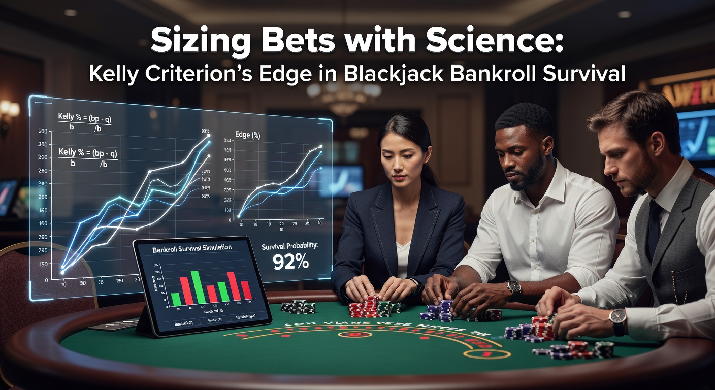 Graph illustrating Kelly Criterion bet sizing curve applied to blackjack bankroll growth over multiple sessions, showing exponential growth with optimal fractions versus flat betting