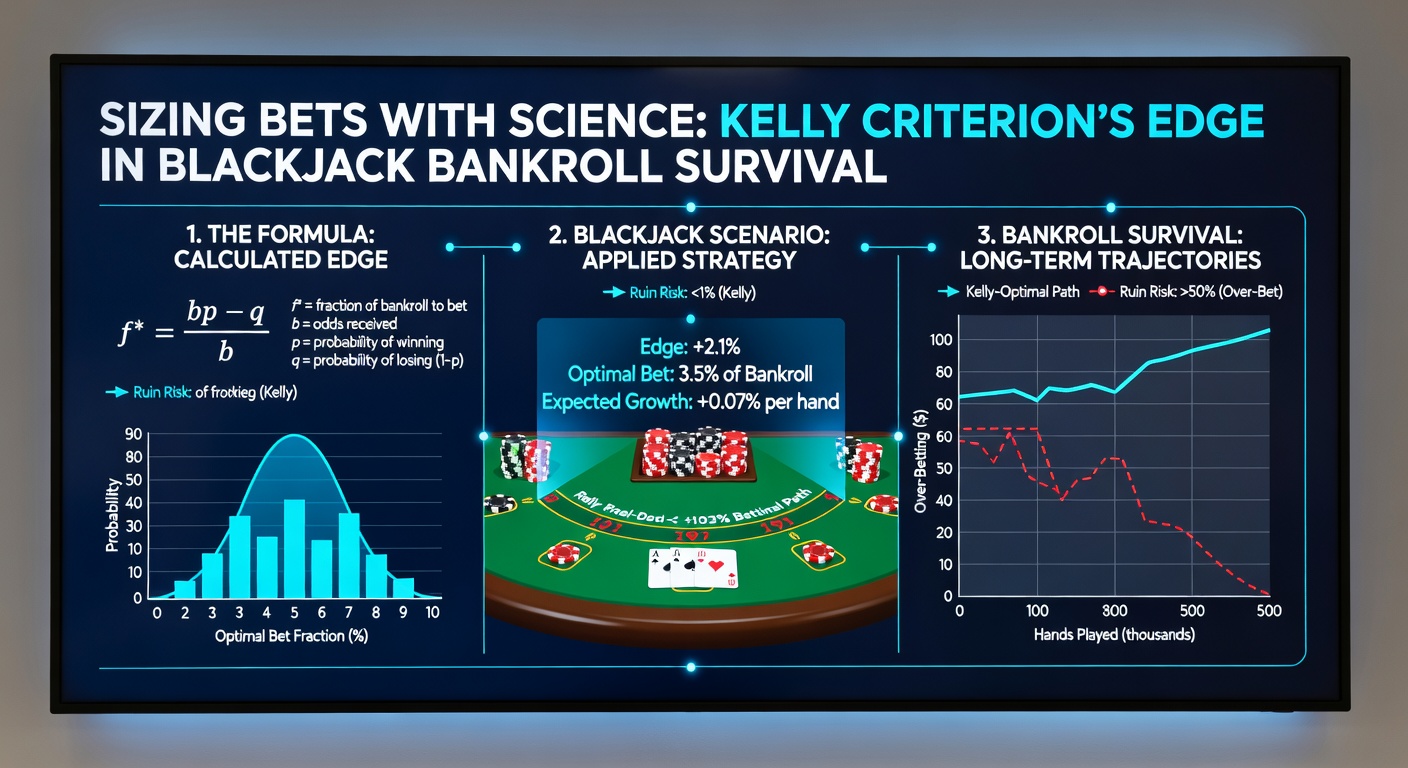 Simulation charts comparing Kelly Criterion bet sizing against Martingale and flat betting in blackjack, demonstrating superior long-term bankroll survival and growth during extended downswings