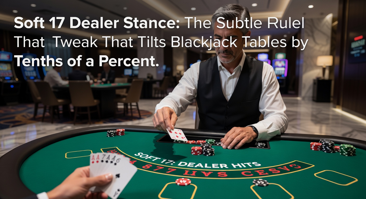 Close-up of a blackjack dealer holding cards totaling soft 17, deciding between hit or stand amid tense table action