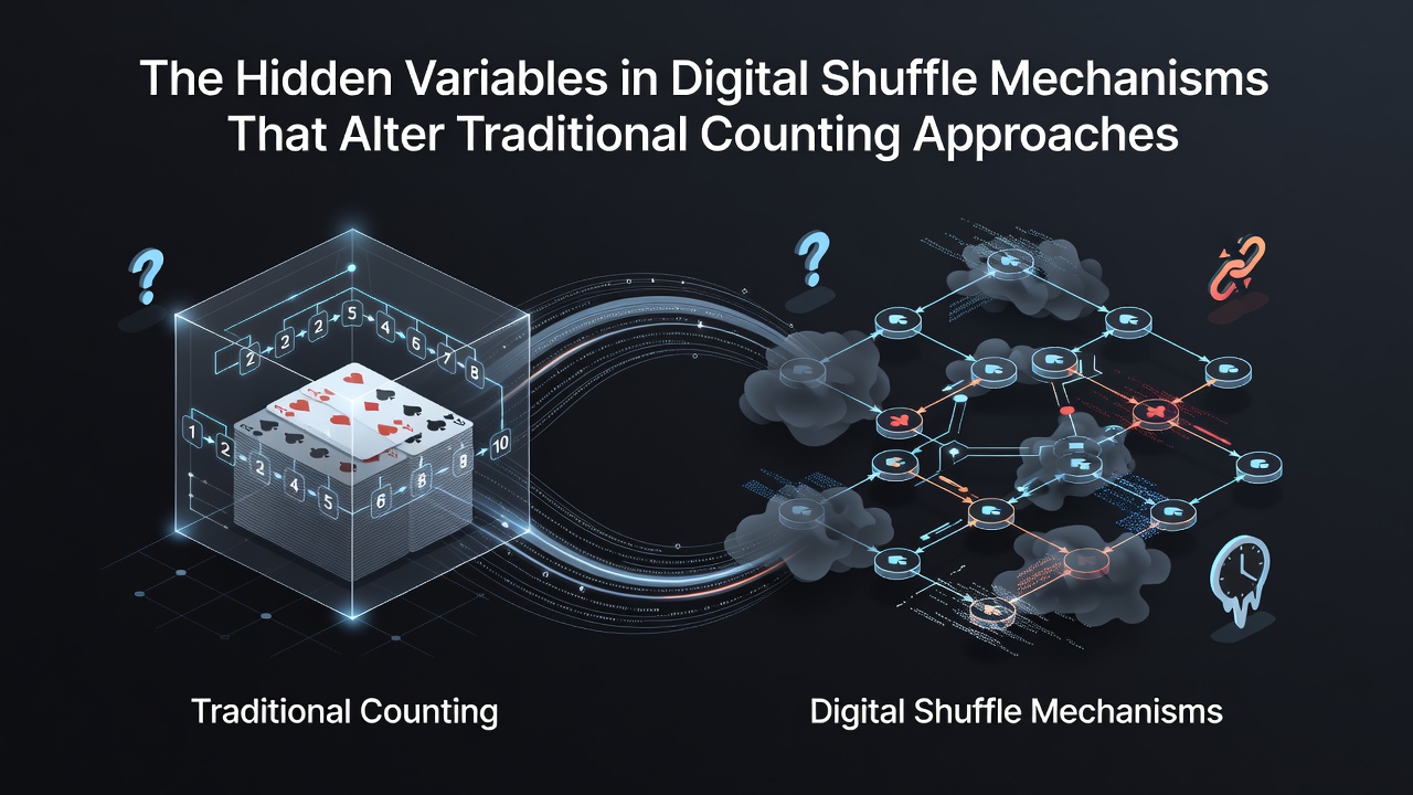 Diagram comparing traditional shoe penetration with continuous digital reshuffle patterns in blackjack software