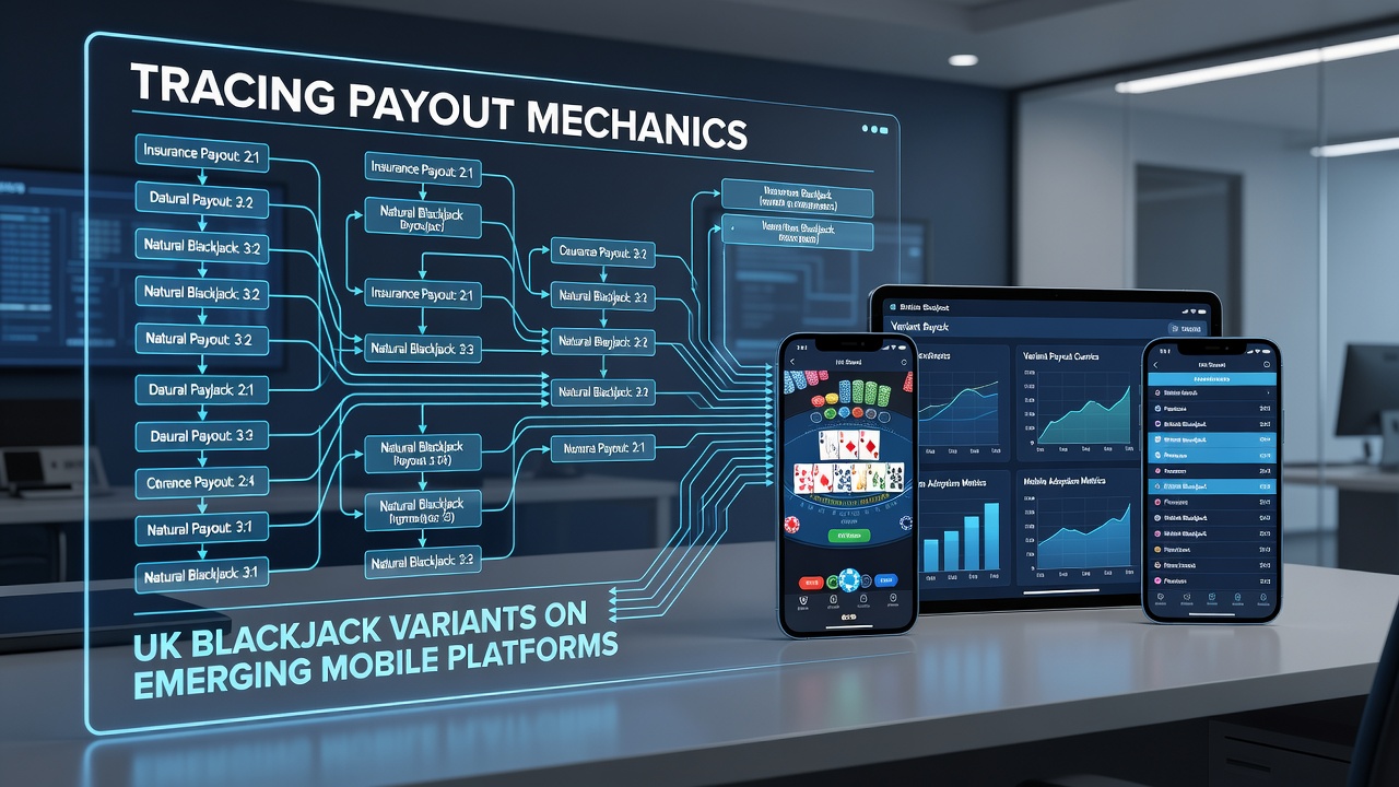 Illustration of payout structures across different UK blackjack variants displayed on mobile device screens