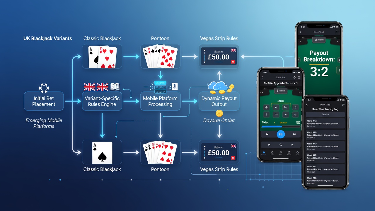 Mobile app interface showing blackjack payout tables and variant comparison tools