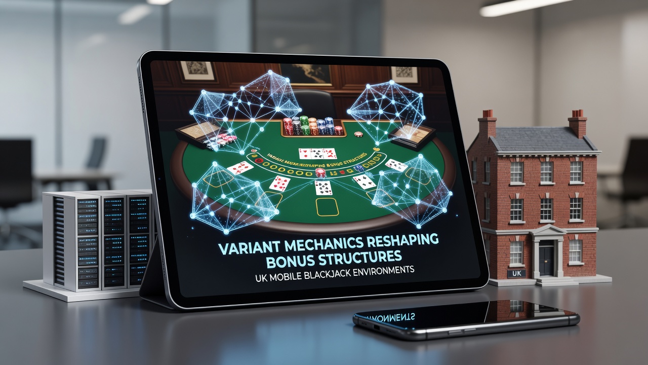 Mobile blackjack interface showing variant rule options and bonus indicators on a UK app screen