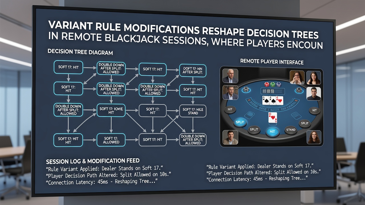 Digital blackjack interface displaying adjusted strategy prompts for doubling and splitting under variant rules